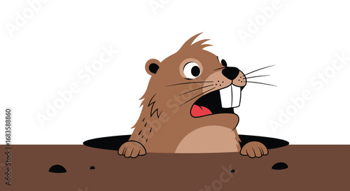 Whimsical groundhog peeking out of burrow predicting spring weather fun