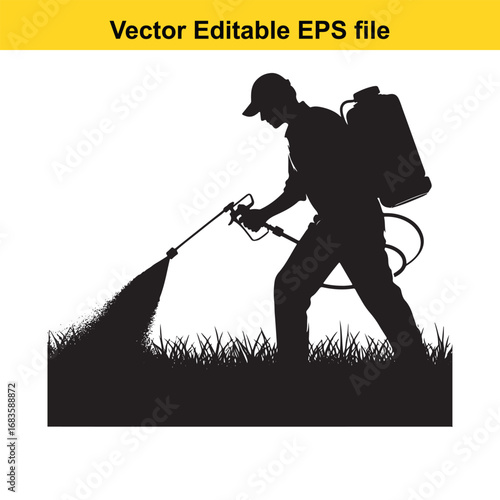 Silhouette of a person spraying grass with a backpack sprayer isolated on white background