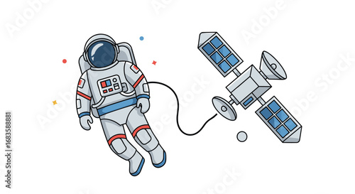 Astronaut exploring the cosmos near a solar powered satellite in outer space adventure