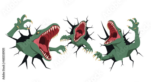 Three fierce green crocodiles breaking through a white background in a dramatic manner