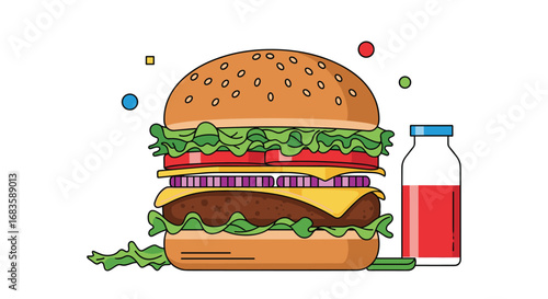 Delicious gourmet burger with fresh toppings and a side of cold drink on white background
