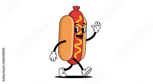 Whimsical vintage hot dog character waves hello with joyful animation