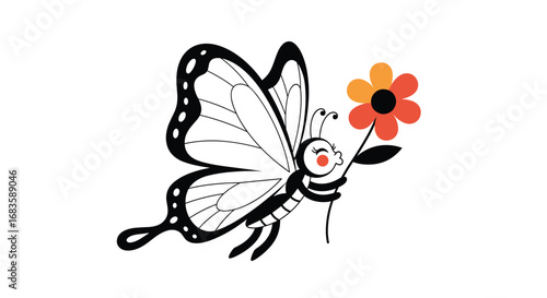 Whimsical butterfly holding a blooming flower delightful insect nature artistry