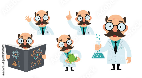 Enthusiastic cartoon scientist engaged in various educational and research activities