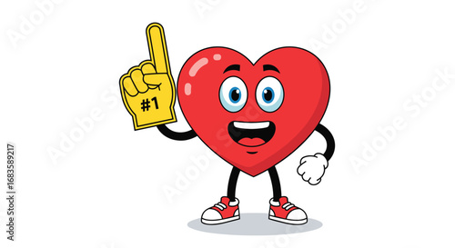 Excited heart character with foam finger on white background celebrating number one