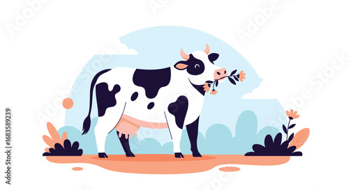 Happy holstein cow eating flowers in a beautiful meadow surrounded by lush greenery and blue sky