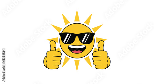 Happy cartoon sun wearing sunglasses giving thumbs up and showing off a big smile