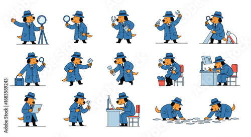 Animated dog detective engaged in thorough investigation pursuing clues with magnifying glass and notebooks