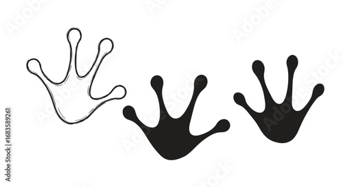 Illustration of three frog footprints showing different styles of depiction and detail