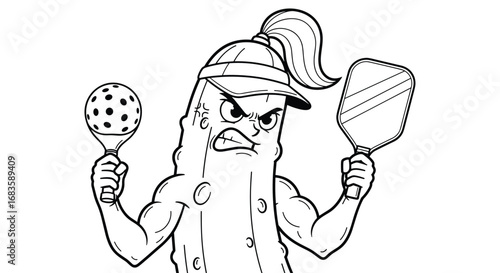A muscular pickle character ready for pickleball competition with a determined stance and sports gear