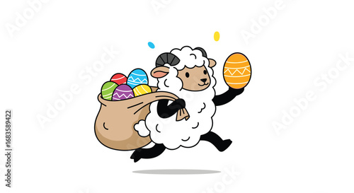 Happy easter sheep delivering colorful painted eggs in a sack and holding one