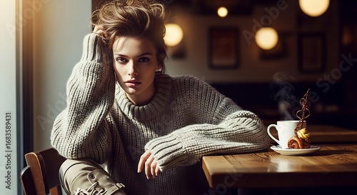Cozy Morning: Young Woman Enjoying Coffee and Pastry in Cafe