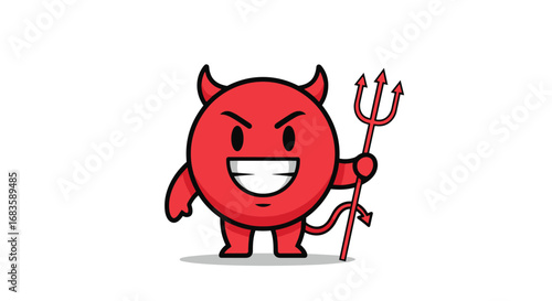 Cute red devil character holding a trident with an angry expression and a wide smile