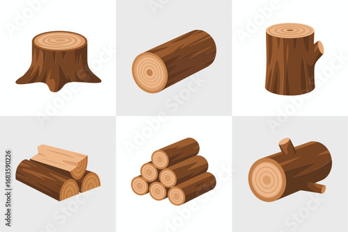 Wood log and stump grid, timber stack icons, cut trunk slices, lumber bundle set, rustic clipart, vector illustration, square tile layout, isolated on white
