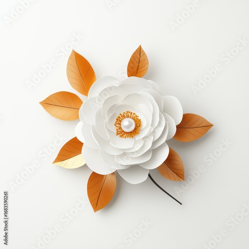 Elegant Paper Flower Decoration with White Petals and Orange Leaves