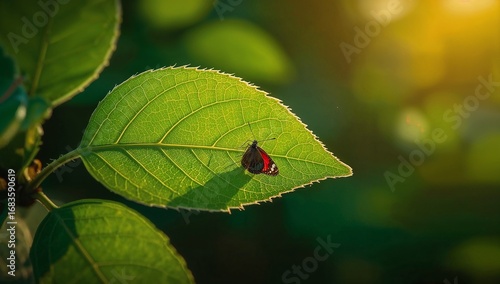 green leaf with a ladybug, Micro green leaf