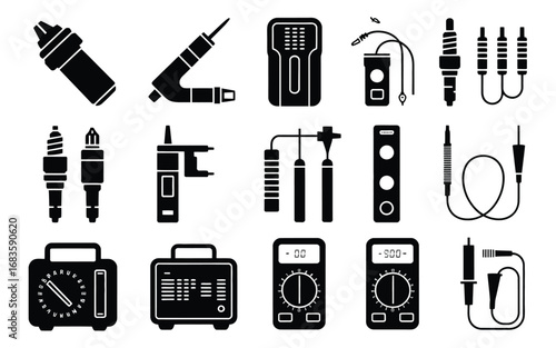 Vector art of black and white car repair tools icons for automotive service and maintenance with various diagnostic equipment