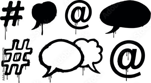 Graffiti style black social media symbols hashtag at mention chat bubbles vector illustration 