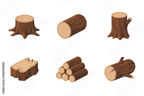 Wood logs and stumps, lumber cut pieces, split firewood stack, round trunk section, forestry vector icons, flat style, isolated on white, outdoor camp design