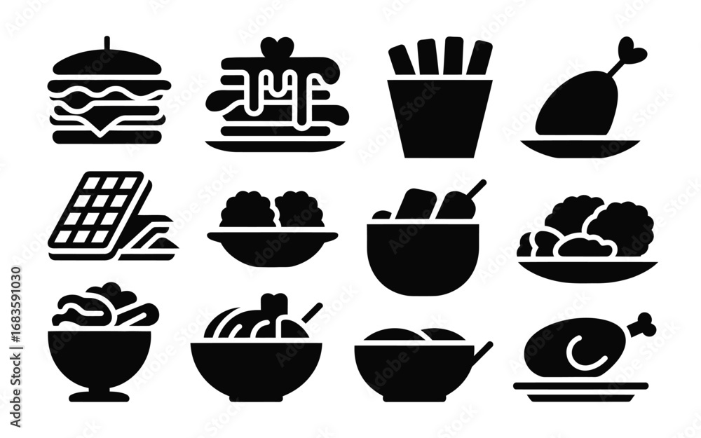 Obraz premium Vector art of collection of fast food and dessert silhouette includes burger, pancake, french fries, and chicken