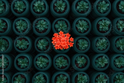 Vibrant Orange Flowers Surrounded by Green Succulent Pots