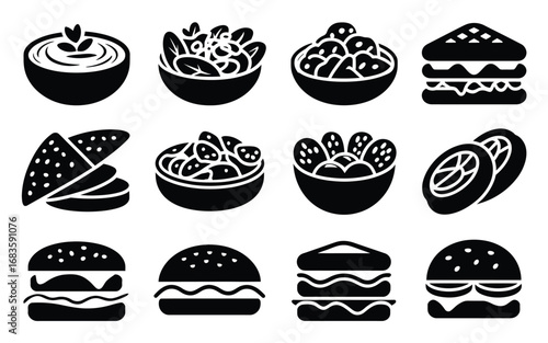 Vector art of collection of food icons featuring bowls of salad, sandwiches, burgers, tacos, and nachos for restaurant menus