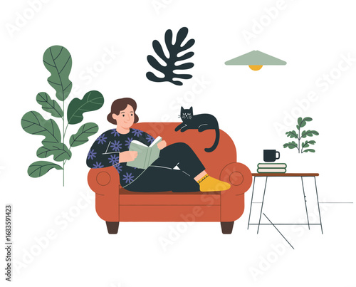 A flat design illustration showcasing a person reading a book with a cat on a chair indoors