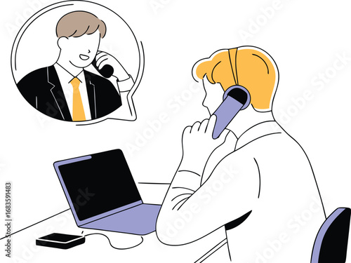 Men talking on phones with laptop conversation business