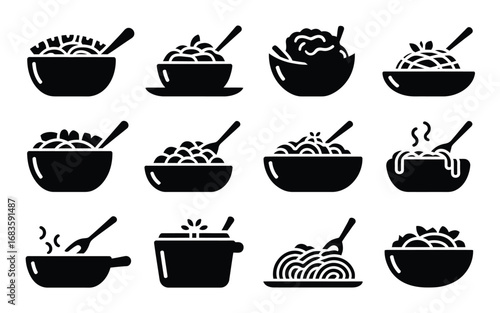 Vector art of collection of various food dishes in bowls with spoons, , showcasing diverse culinary options and dining experiences