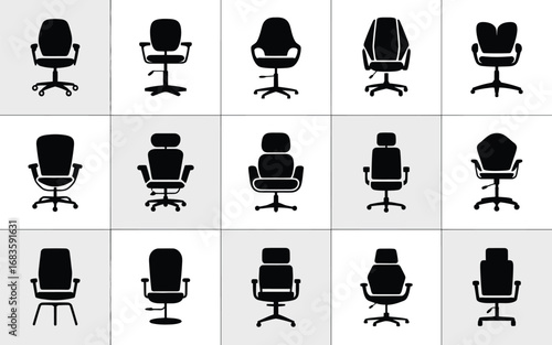 Vector art of collection of various office chair designs, showcasing different styles and ergonomic features for comfortable seating