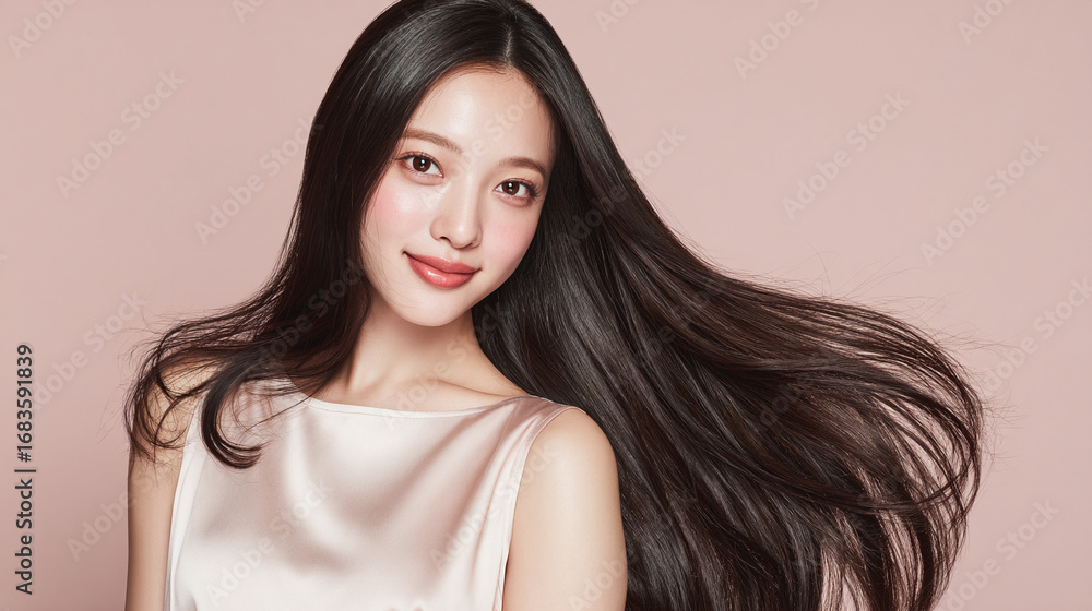 Naklejka premium An elegant female with glossy beautiful black long hair. Best use for advertisement for hair salon, hair care and beauty products such as shampoo and treatment.