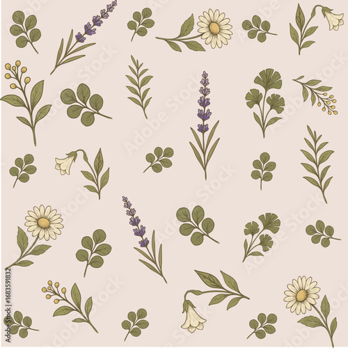 Botanical design featuring various flowers and leaves on a soft background