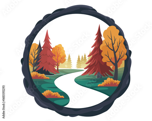 A modern vector illustration of a winding pathway through a vibrant autumn forest, framed in a scenic circular design concept