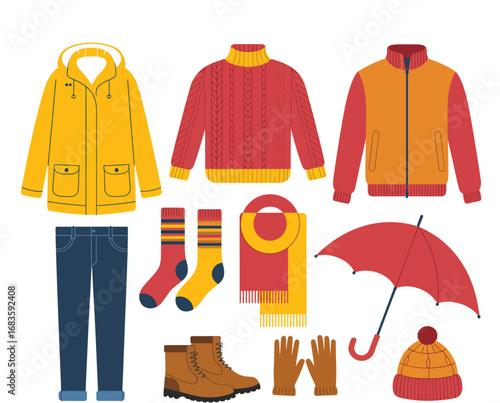 A cozy collection of warm winter and autumn clothing essentials. A vector illustration set with isolated design elements for cold weather