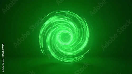 Vibrant green energy vortex swirling with luminous light on a dark background