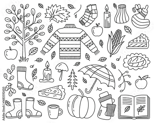 A hand-drawn collection of cozy autumn doodle elements. A vector set of fall season icons including a sweater, pumpkin, leaves, and a book for seasonal design