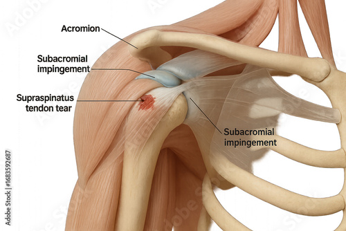 Shoulder Anatomy with Supraspinatus Tendon Tear and Subacromial Impingement - Illustration