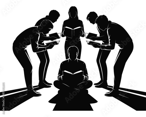 A powerful black and white graphic illustration of a reading community, with silhouetted figures absorbed in books, symbolizing shared knowledge and focus