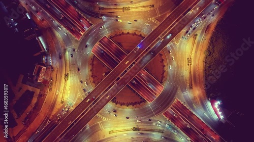 Expressway, Self-driving autonomous electric cars of the future with elements move along a busy traffic intersection. Artificial Intelligence, Car Scan, GPS Tracking, Smart Roads, IoT, highway