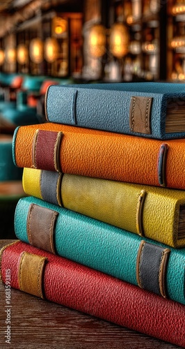 Stack of colorful hardback books on a wooden table, blurred background of a cafe or library