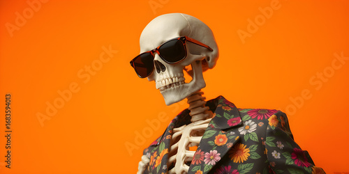 A skeleton wearing a colorful floral jacket and sunglasses poses against an orange background. Perfect for Halloween, fashion, and quirky projects