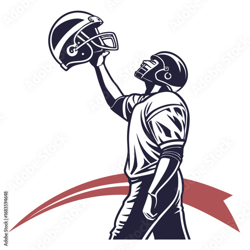 American football player holding helmet above head