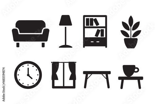 A minimalist vector collection of furniture and home interior icons. Set of black glyph symbols for living room design concepts
