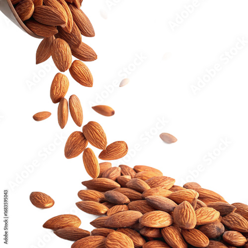 Roasted Almonds Falling in Mid-Air — a stream of crunchy almonds cascading downward, isolated on a transparent background, perfect for healthy food design, packaging, menus, and advertising