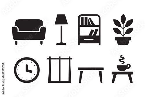 A collection of home interior icons featuring furniture and decor elements in a simple glyph style. Vector set including a sofa, lamp, and bookshelf