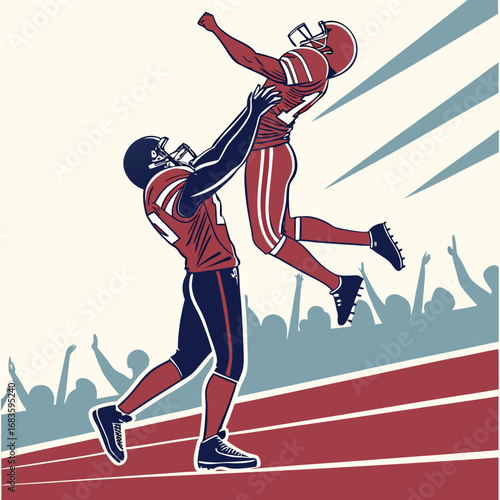 American football players leaping for a catch with crowd