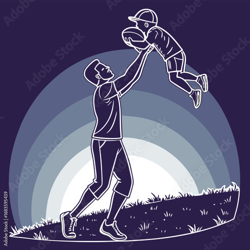 Father throwing son in the air with football family