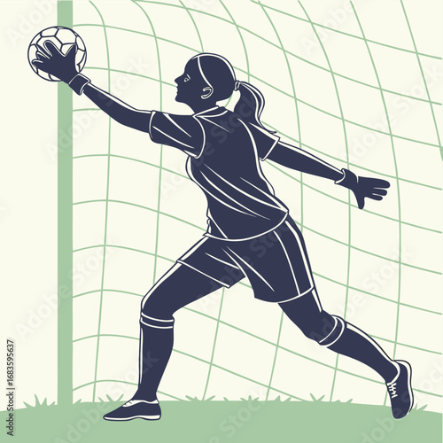 Female soccer goalkeeper catching a ball in silhouette