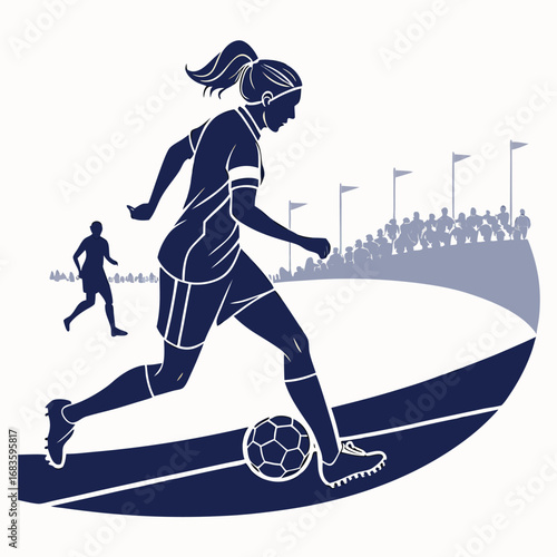 Female soccer player dribbling ball on field with crowd