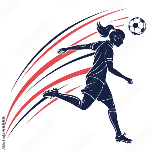 Female soccer player heading ball with colorful swooshes